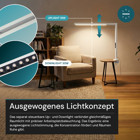 LED Büro-Klemmleuchtel Up/Down, UGR<16, CRI98, dimmbar, 45 W, 1200 x 40 x 1050 mm, 3500 lm, weiß.