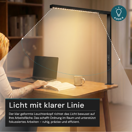 LED Büro-Klemmleuchtel Up/Down, UGR<16, CRI98, dimmbar, 45 W, 1200 x 40 x 1050 mm, 3500 lm, schwarz.