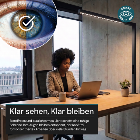 LED Büro-Klemmleuchtel Up/Down, UGR<16, CRI98, dimmbar, 45 W, 1200 x 40 x 1050 mm, 3500 lm, schwarz.