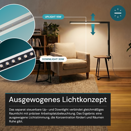 LED Büro-Klemmleuchtel Up/Down, UGR<16, CRI98, dimmbar, 45 W, 1200 x 40 x 1050 mm, 3500 lm, schwarz.