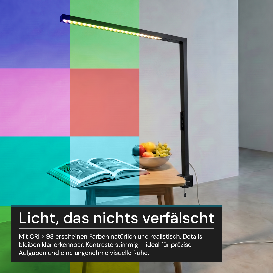 LED Büro-Klemmleuchtel Up/Down, UGR<16, CRI98, dimmbar, 45 W, 1200 x 40 x 1050 mm, 3500 lm, schwarz.