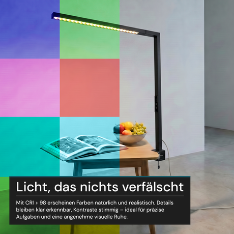 LED Büro-Klemmleuchtel Up/Down, UGR<16, CRI98, dimmbar, 45 W, 1200 x 40 x 1050 mm, 3500 lm, schwarz.
