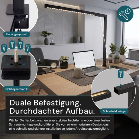 LED Büro-Klemmleuchtel Up/Down, UGR<16, CRI98, dimmbar, 45 W, 1200 x 40 x 1050 mm, 3500 lm, schwarz.