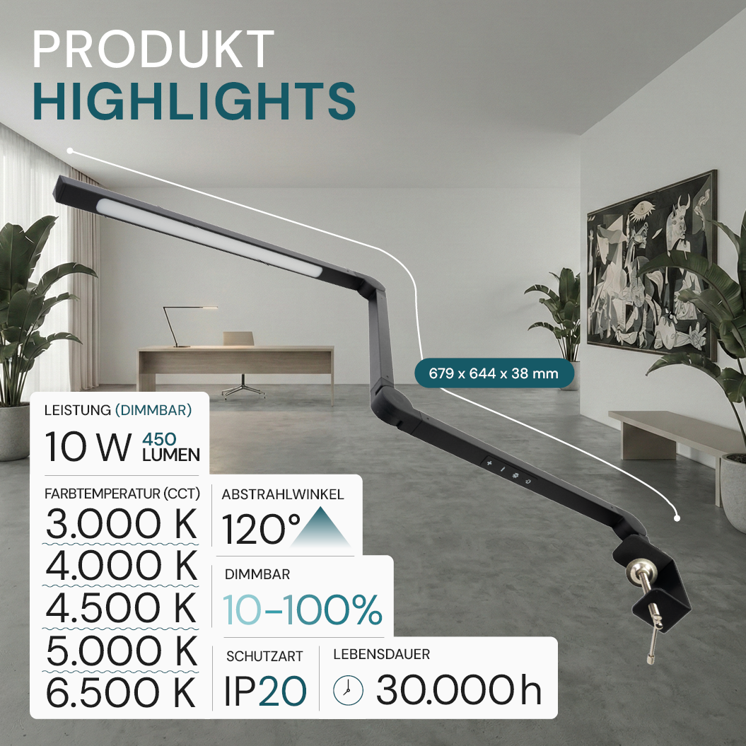 LED-Schreibtischlampe mit Clip, in Schwarz, dimmbar, 5 Farbtemperaturstufen, 10 W, 450 lm, klemm- und verstellbare Monitorlampe