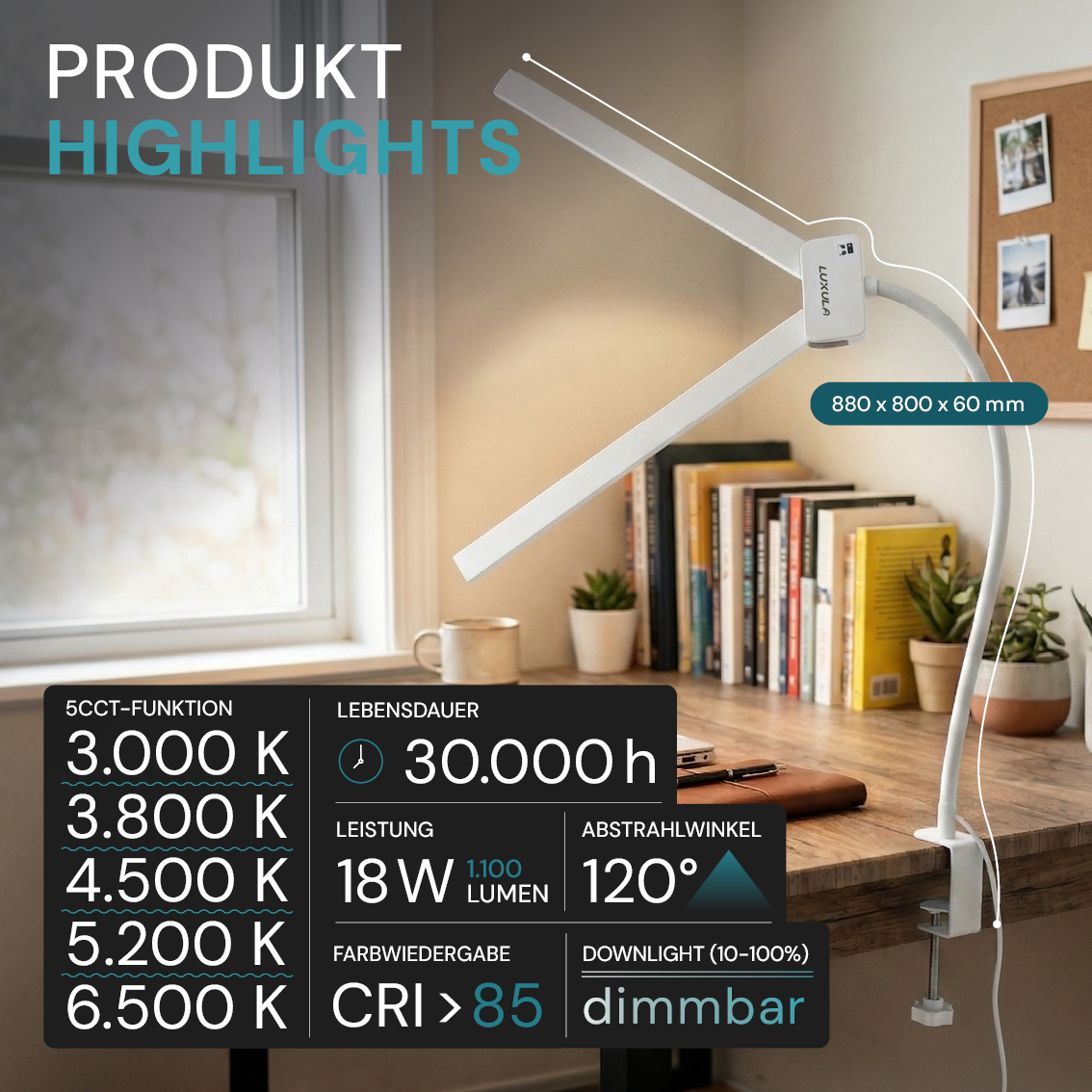 LED-Schreibtischlampe, Doppelkopf, in Weiß, dimmbar, 5 Farbtemperaturstufen, 18 W, 1100 lm, klemm- und voll verstellbare Monitor-/Tischlampe mit kotaktlosem Ein-/Ausschaltssensor