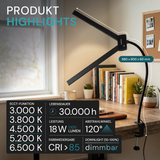 LED-Schreibtischlampe, Doppelkopf, in Schwarz, dimmbar, 5 Farbtemperaturstufen, 18 W, 1100 lm, klemm- und voll verstellbare Monitor-/Tischlampe mit kotaktlosem Ein-/Ausschaltssensor