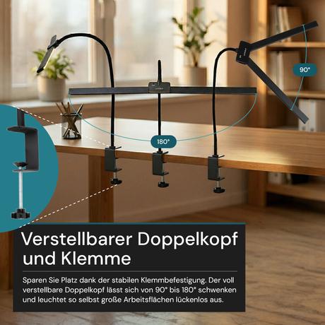 LED-Schreibtischlampe, Doppelkopf, in Schwarz, dimmbar, 5 Farbtemperaturstufen, 18 W, 1100 lm, klemm- und voll verstellbare Monitor-/Tischlampe mit kotaktlosem Ein-/Ausschaltssensor