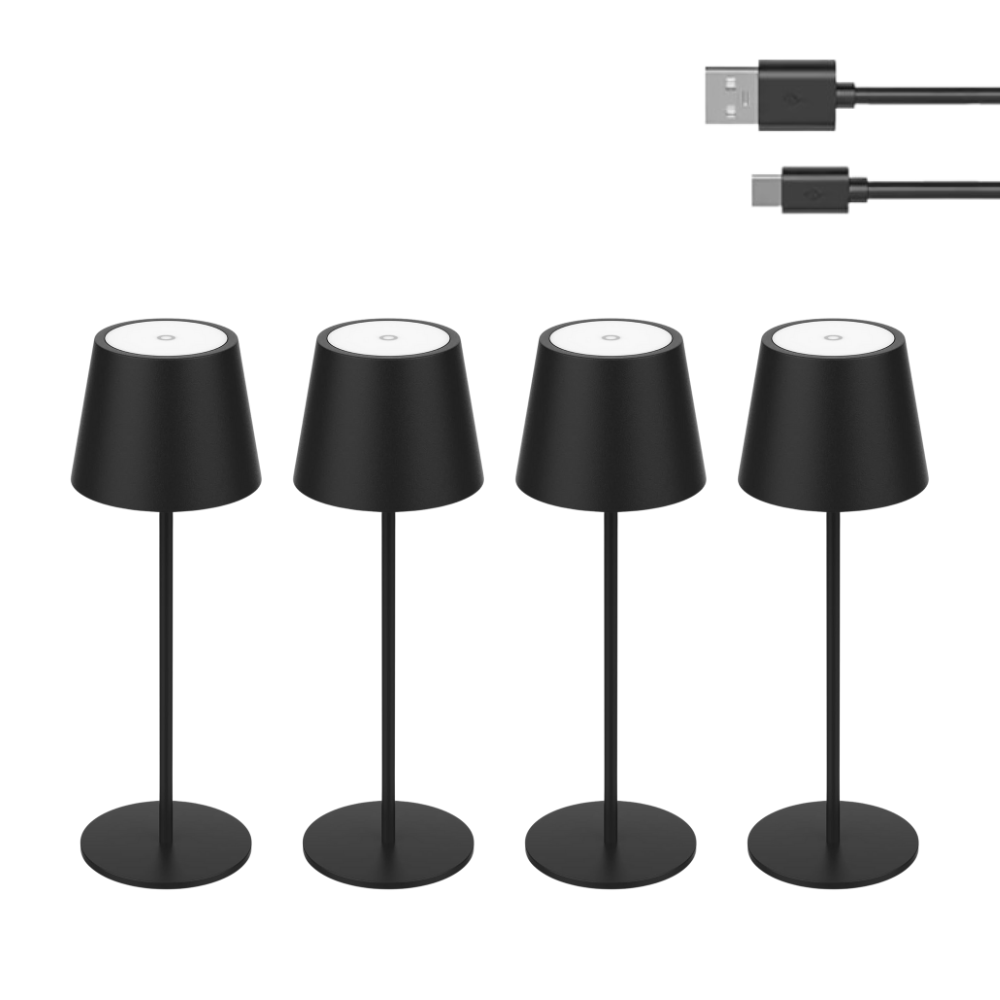4er Set LED-Tischleuchte mit Akku, Dimm- & CCT-Funktion, wiederaufladbar, IP44, USB-C, schwarz