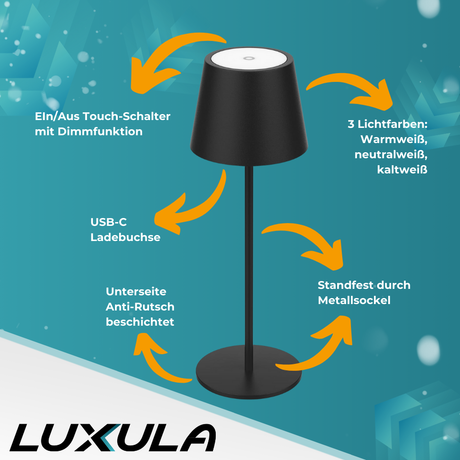 6er Set LED-Tischleuchte mit Akku, Dimm- & CCT-Funktion, wiederaufladbar, IP44, USB-C, schwarz.