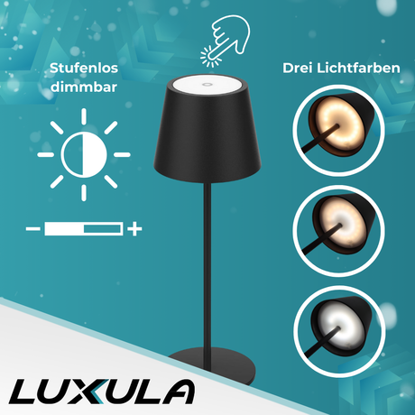 LED-Tischleuchte mit Akku, Dimm- & CCT-Funktion, wiederaufladbar, IP44, USB-C, schwarz.