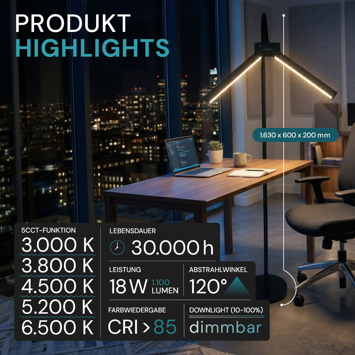 LED-Stehlampe- und Schreibtischlampe, Doppelkopf, in Schwarz, dimmbar, 5 Farbtemperaturstufen, 18 W, 1100 lm, voll verstellbare Monitor-/Tischlampe mit kontaktlosem Ein-/Ausschalt-Sensor.