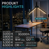 LED-Stehlampe- und Schreibtischlampe, Doppelkopf, in Schwarz, dimmbar, 5 Farbtemperaturstufen, 18 W, 1100 lm, voll verstellbare Monitor-/Tischlampe mit kontaktlosem Ein-/Ausschalt-Sensor.