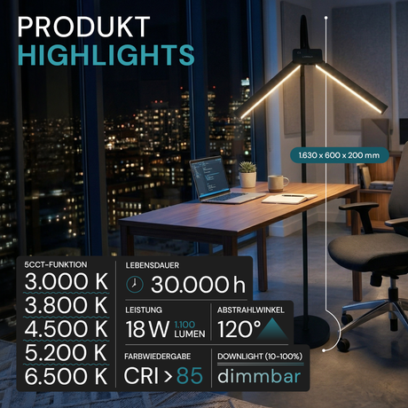 LED-Stehlampe- und Schreibtischlampe, Doppelkopf, in Schwarz, dimmbar, 5 Farbtemperaturstufen, 18 W, 1100 lm, voll verstellbare Monitor-/Tischlampe mit kontaktlosem Ein-/Ausschalt-Sensor.