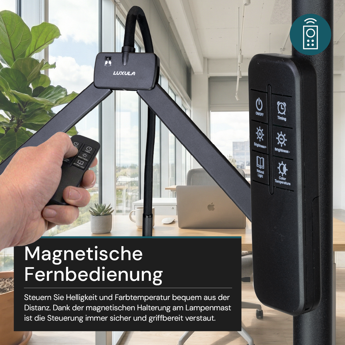 LED-Stehlampe- und Schreibtischlampe, Doppelkopf, in Schwarz, dimmbar, 5 Farbtemperaturstufen, 18 W, 1100 lm, voll verstellbare Monitor-/Tischlampe mit kontaktlosem Ein-/Ausschalt-Sensor.
