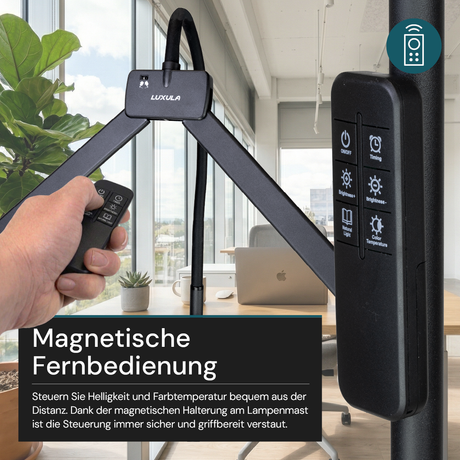 LED-Stehlampe- und Schreibtischlampe, Doppelkopf, in Schwarz, dimmbar, 5 Farbtemperaturstufen, 18 W, 1100 lm, voll verstellbare Monitor-/Tischlampe mit kontaktlosem Ein-/Ausschalt-Sensor.