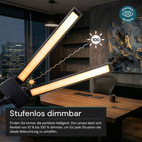LED-Stehlampe- und Schreibtischlampe, Doppelkopf, in Schwarz, dimmbar, 5 Farbtemperaturstufen, 18 W, 1100 lm, voll verstellbare Monitor-/Tischlampe mit kontaktlosem Ein-/Ausschalt-Sensor.