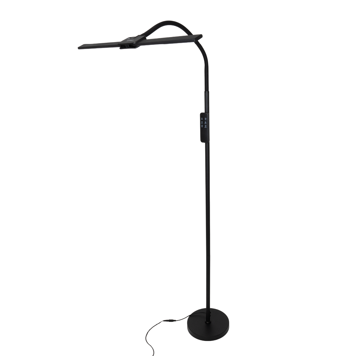 LED-Stehlampe- und Schreibtischlampe, Doppelkopf, in Schwarz, dimmbar, 5 Farbtemperaturstufen, 18 W, 1100 lm, voll verstellbare Monitor-/Tischlampe mit kontaktlosem Ein-/Ausschalt-Sensor.