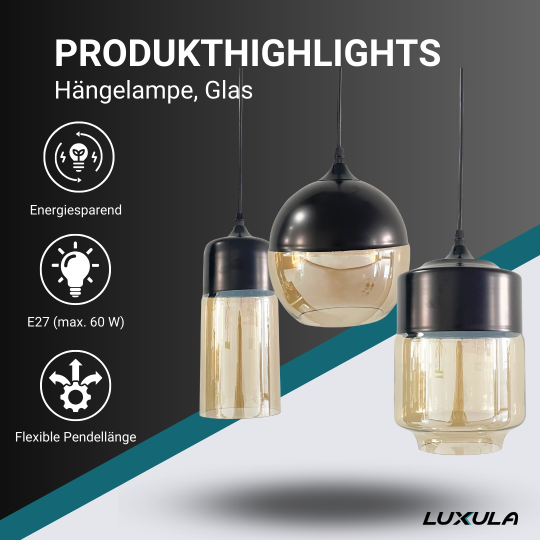 LED-Hängelampe in schwarz, zylinderförmig, aus Glas, E27-Fassung, IP20, Ø13 cm