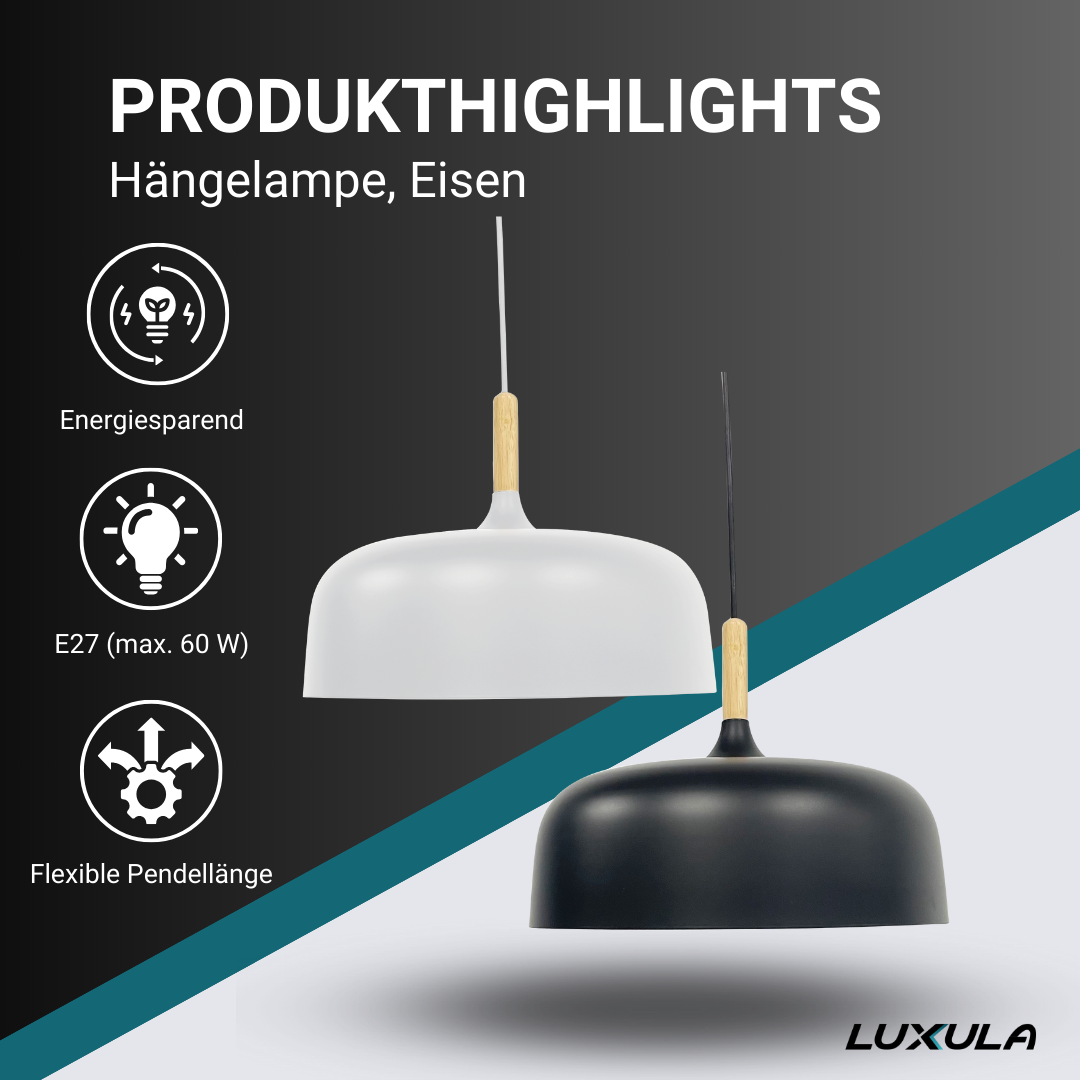 Moderne LED-Hängeleuchte in schwarz, runde Form, aus Eisen, E27-Fassung, IP20, Ø30 cm