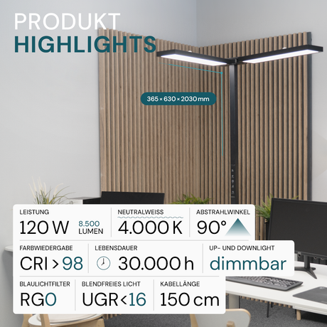 LED Büro-Stehleuchte DUO Line, Up/Down, in Schwarz, 120 W, 8500 lm, 4000 K (neutralweiß), UGR<16, CRI98, dimmbar, RG0, Bridgelux LED, Arbeitsplatzleuchte