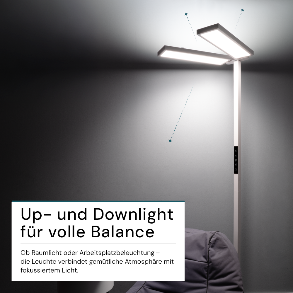 LED Büro-Stehleuchte DUO Line, Up/Down, in Weiß, 120 W, 8500 lm, 4000 K (neutralweiß), UGR<16, CRI98, dimmbar, RG0, Bridgelux LED, Arbeitsplatzleuchte
