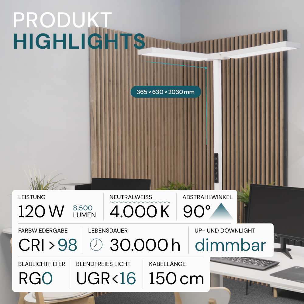 LED Büro-Stehleuchte DUO Line, Up/Down, in Weiß, 120 W, 8500 lm, 4000 K (neutralweiß), UGR<16, CRI98, dimmbar, RG0, Bridgelux LED, Arbeitsplatzleuchte