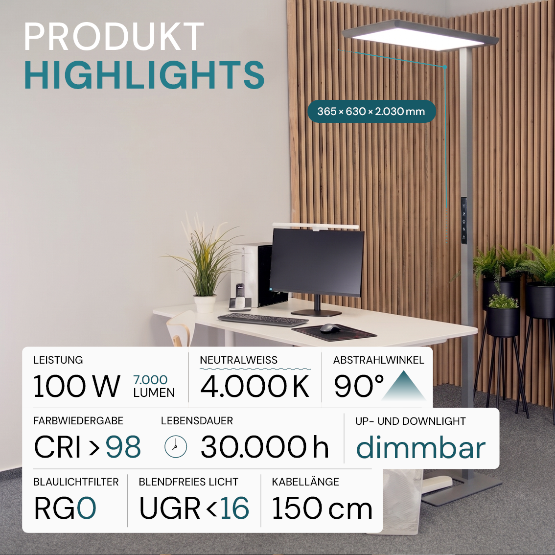 LED Büro-Stehleuchte, Up/Down, in Grau, 100 W, 7000 lm, 4000 K (neutralweiß), UGR<16, CRI98, dimmbar, RG0, Bridgelux LED, Arbeitsplatzleuchte.