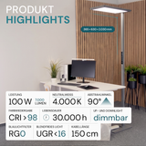 LED Büro-Stehleuchte, Up/Down, in Grau, 100 W, 7000 lm, 4000 K (neutralweiß), UGR<16, CRI98, dimmbar, RG0, Bridgelux LED, Arbeitsplatzleuchte.