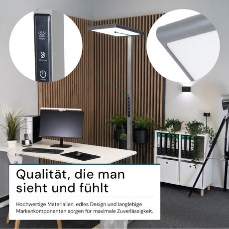 LED Büro-Stehleuchte, Up/Down, in Grau, 100 W, 7000 lm, 4000 K (neutralweiß), UGR<16, CRI98, dimmbar, RG0, Bridgelux LED, Arbeitsplatzleuchte.