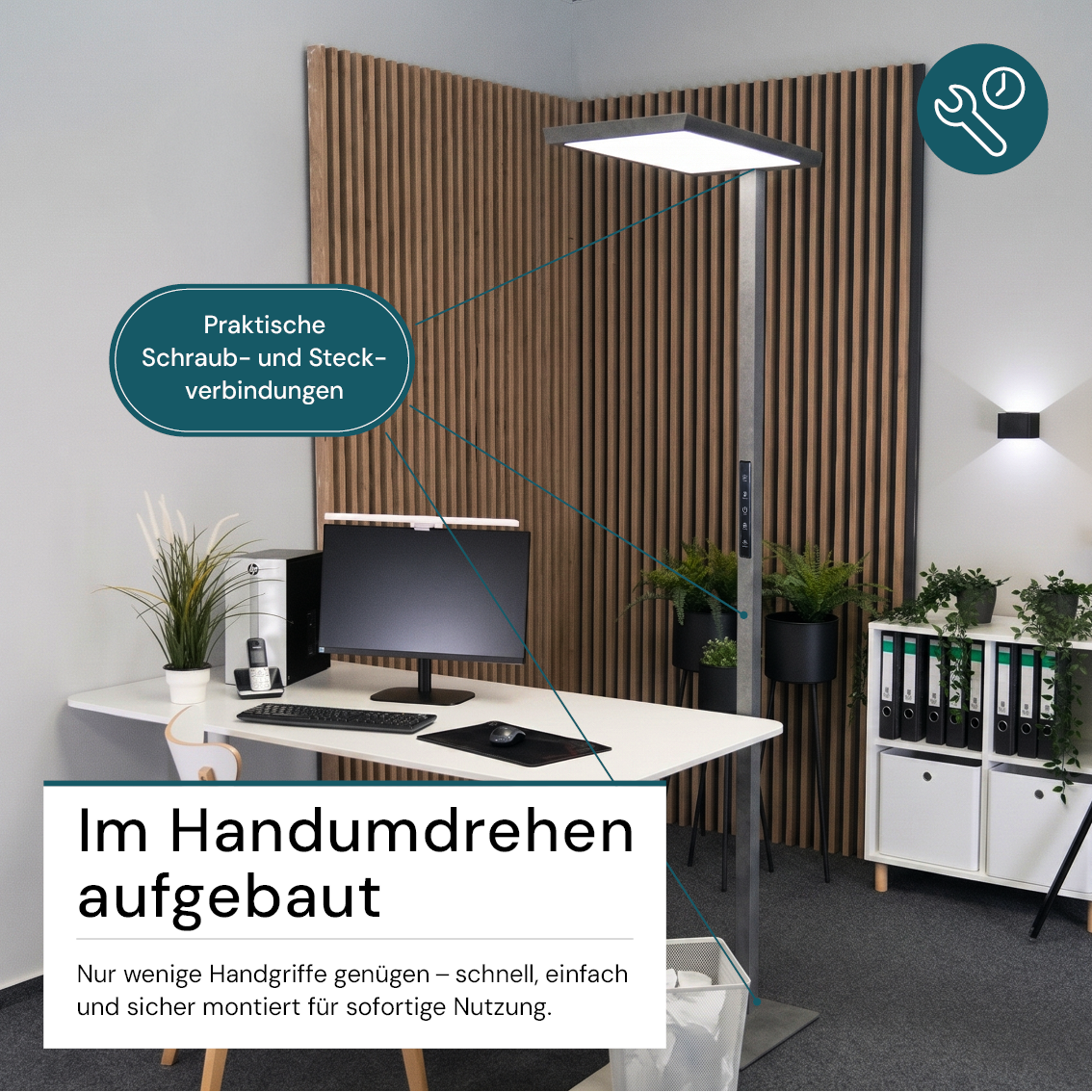 LED Büro-Stehleuchte, Up/Down, in Grau, 100 W, 7000 lm, 4000 K (neutralweiß), UGR<16, CRI98, dimmbar, RG0, Bridgelux LED, Arbeitsplatzleuchte.