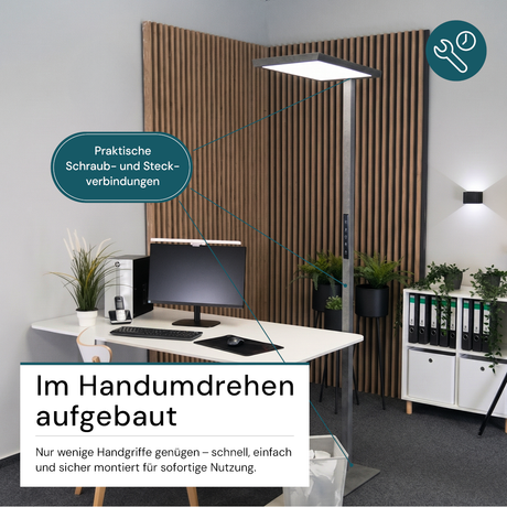 LED Büro-Stehleuchte, Up/Down, in Grau, 100 W, 7000 lm, 4000 K (neutralweiß), UGR<16, CRI98, dimmbar, RG0, Bridgelux LED, Arbeitsplatzleuchte.