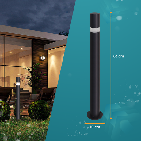 Wegeleuchte mit 360° Lichtkegel, schwarz, GU10 Fassung, IP44, Aluminium, mit Erdspieß, Höhe 63 cm.