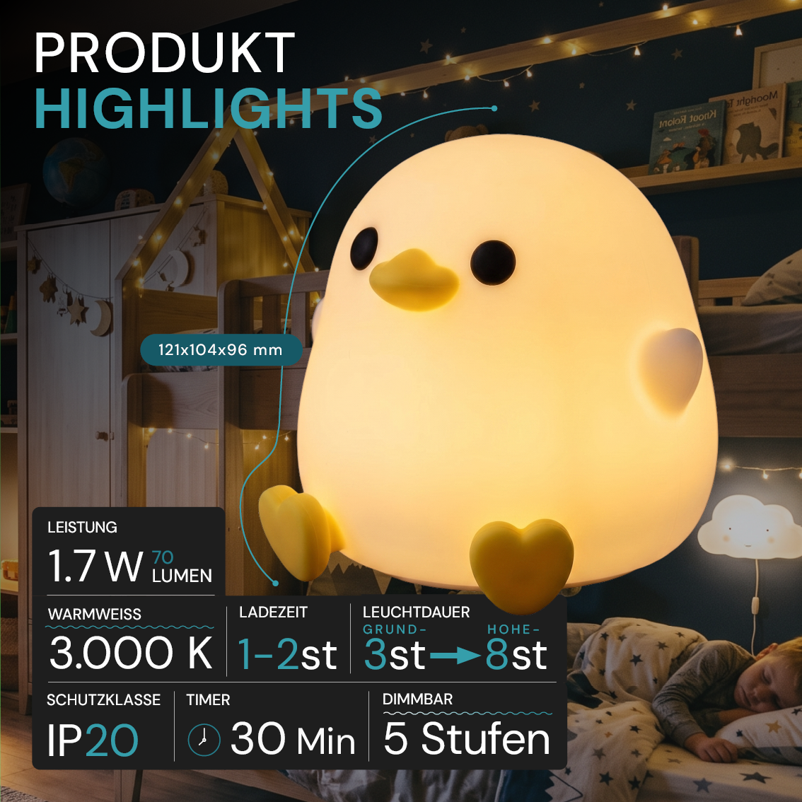 LED-Nachtlicht Küken, 1,7 W, 70 lm, 3000 K, 5-Stufen-Dimmfunktion, 30-Minuten-Timer.