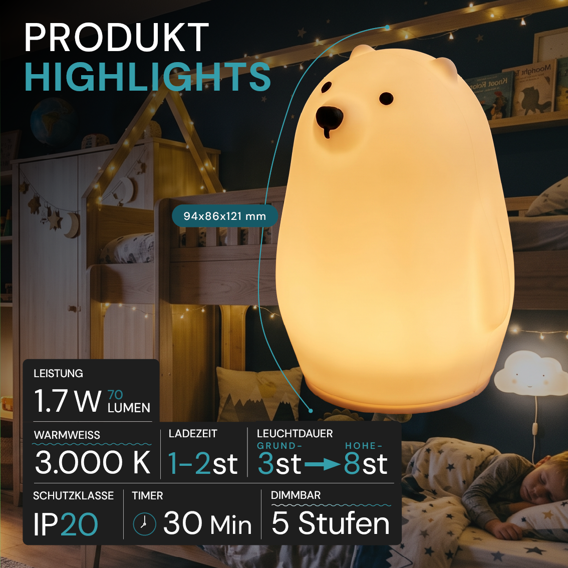 LED Nachtlicht Eisbär 1,7 W, 70 lm, 3000 K, 5-Stufen-Dimmfunktion, 30-Minuten-Timer