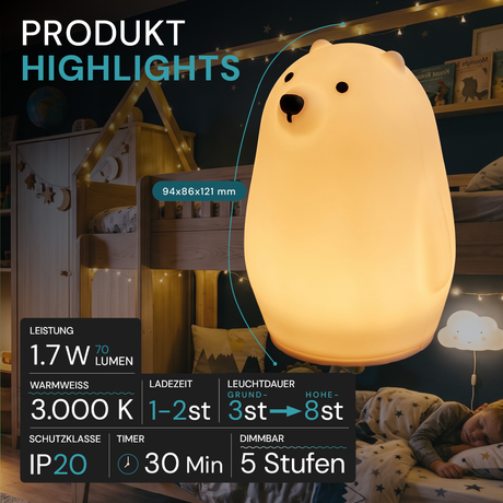 LED Nachtlicht Eisbär 1,7 W, 70 lm, 3000 K, 5-Stufen-Dimmfunktion, 30-Minuten-Timer