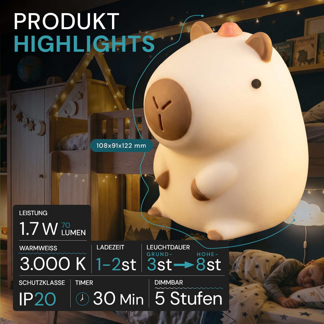 LED Nachtlicht Capybara, 1,7 W, 70 lm, 3000 K, 5-Stufen-Dimmfunktion, 30-Minuten-Timer