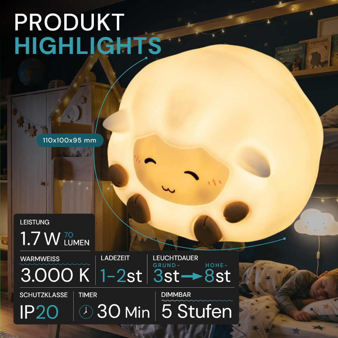 LED Nachtlicht Schaf, 1,7 W, 70 lm, 3000 K, 5-Stufen-Dimmfunktion, 30-Minuten-Timer
