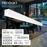 LED Büro-/Tresenleuchte, in Weiß, 120 cm, 40W, 4800 lm, 3000-6500 K (CCT), EAGLERISE Netzteil.