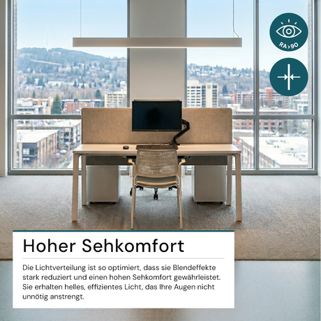 LED Büro-/Tresenleuchte, in Weiß, 120 cm, 40W, 4800 lm, 3000-6500 K (CCT), EAGLERISE Netzteil.