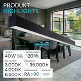 LED Büro-/Tresenleuchte, in Schwarz, 120 cm, 40W, 4800 lm, 3000-6500 K (CCT), EAGLERISE Netzteil.