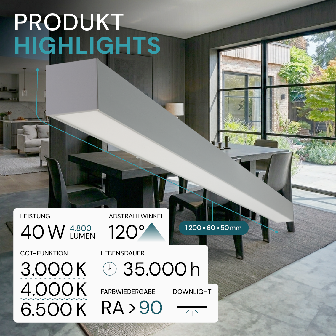 LED Büro-/Tresenleuchte, in Grau, 120 cm, 40W, 4800 lm, 3000-6500 K (CCT), EAGLERISE Netzteil