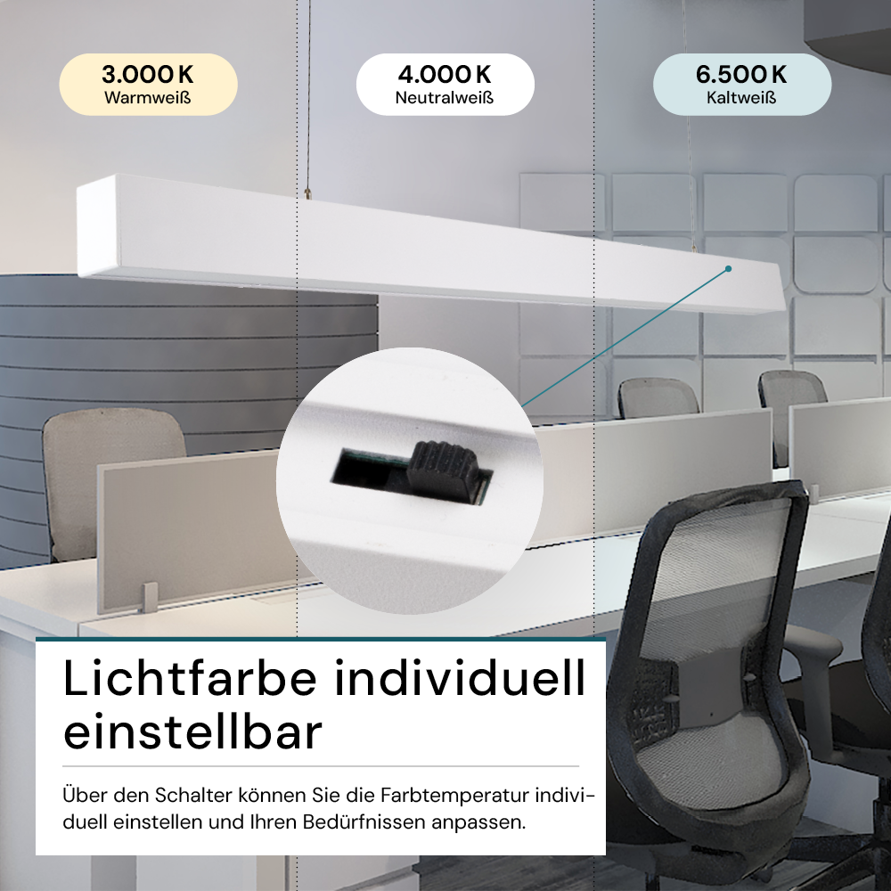 LED Büro-/Tresenleuchte, in Weiß, 120 cm, 40W, 4000 lm, 3000-6500 K (CCT), LIFUD Netzteil, erweiterbar, Aluminium