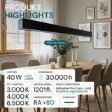 LED Büro-/Tresenleuchte, in Schwarz, 120 cm, 40W, 4000 lm, 3000-6500 K (CCT), LIFUD Netzteil, erweiterbar, Aluminium
