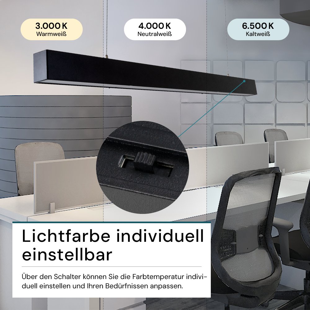 LED Büro-/Tresenleuchte, in Schwarz, 120 cm, 40W, 4000 lm, 3000-6500 K (CCT), LIFUD Netzteil, erweiterbar, Aluminium