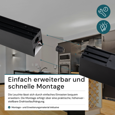 LED Büro-/Tresenleuchte, in Schwarz, 120 cm, 40 W, 4000 lm, 3000-6500 K (CCT), LIFUD Netzteil, erweiterbar, Aluminium