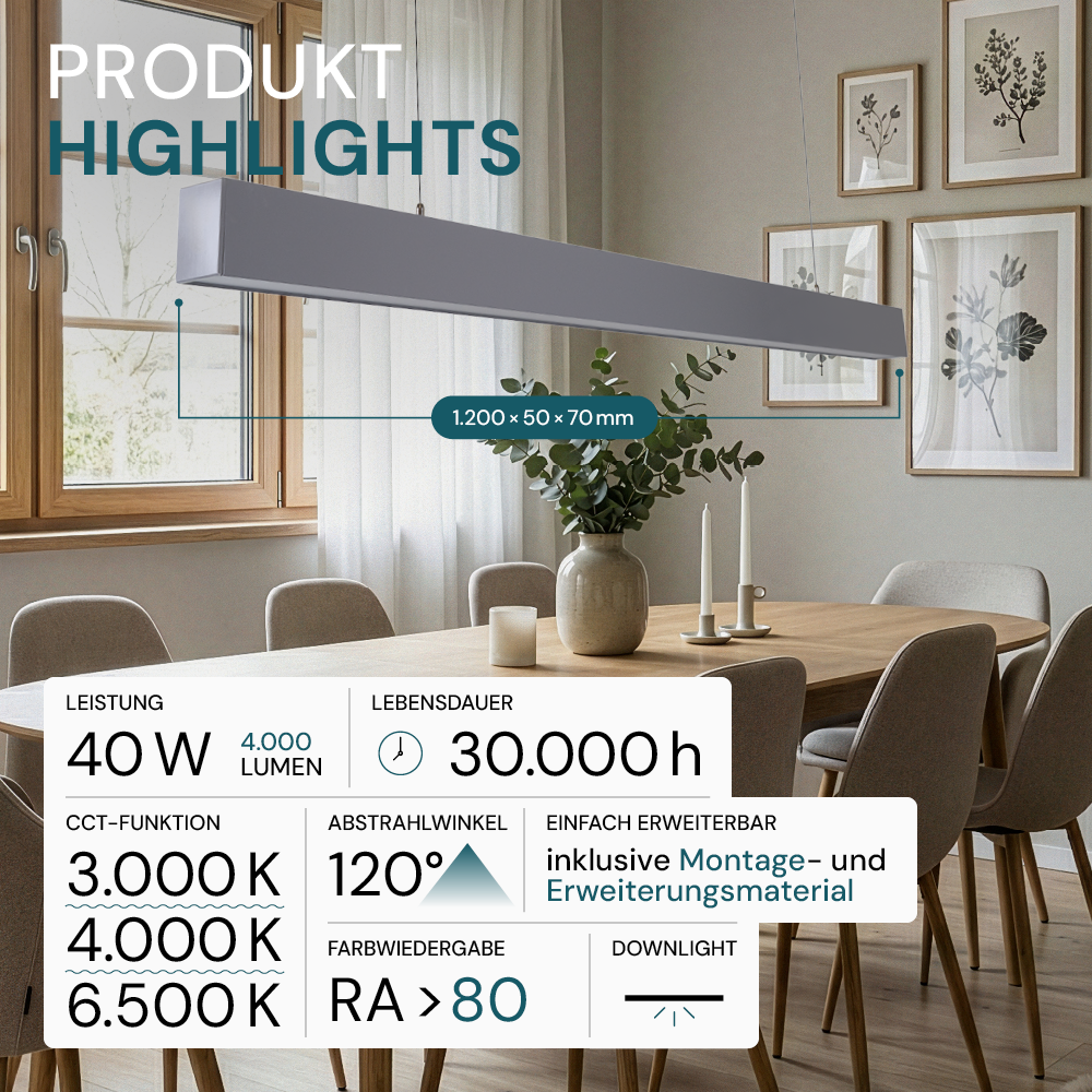 LED Büro-/Tresenleuchte, in Grau, 120 cm, 40W, 4000 lm, 3000-6500 K (CCT), LIFUD Netzteil, erweiterbar, Aluminium