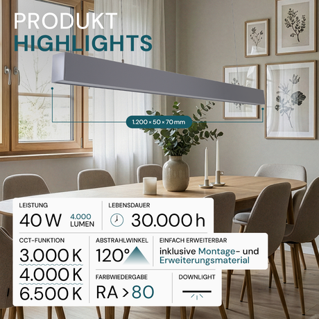 LED Büro-/Tresenleuchte, in Grau, 120 cm, 40W, 4000 lm, 3000-6500 K (CCT), LIFUD Netzteil, erweiterbar, Aluminium