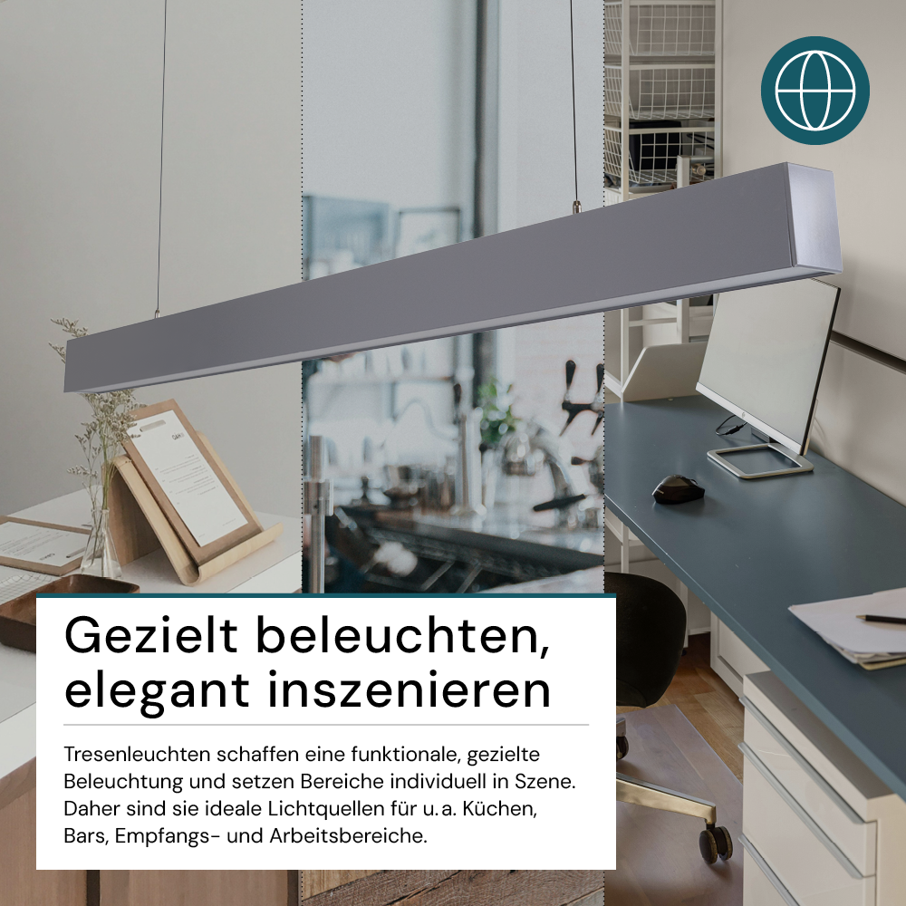 LED Büro-/Tresenleuchte, in Grau, 120 cm, 40W, 4000 lm, 3000-6500 K (CCT), LIFUD Netzteil, erweiterbar, Aluminium