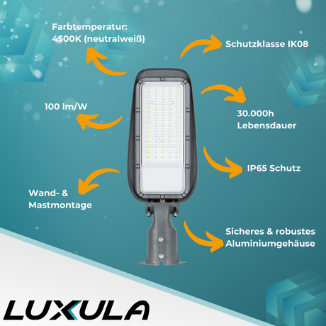 2er Pack LED Straßenleuchte, 50 W, 4500 K (neutralweiß), 5000 lm, grau, IP65, Wand- und Mastmontage.