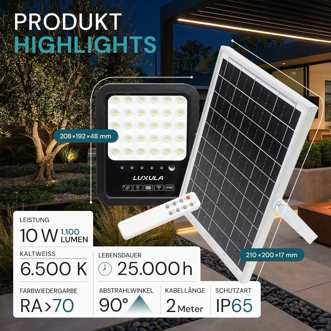 Solarstrahler, LED-Fluter, Solar mit Akku, 10W, 1100lm, 6500K, IP65, schwarz.